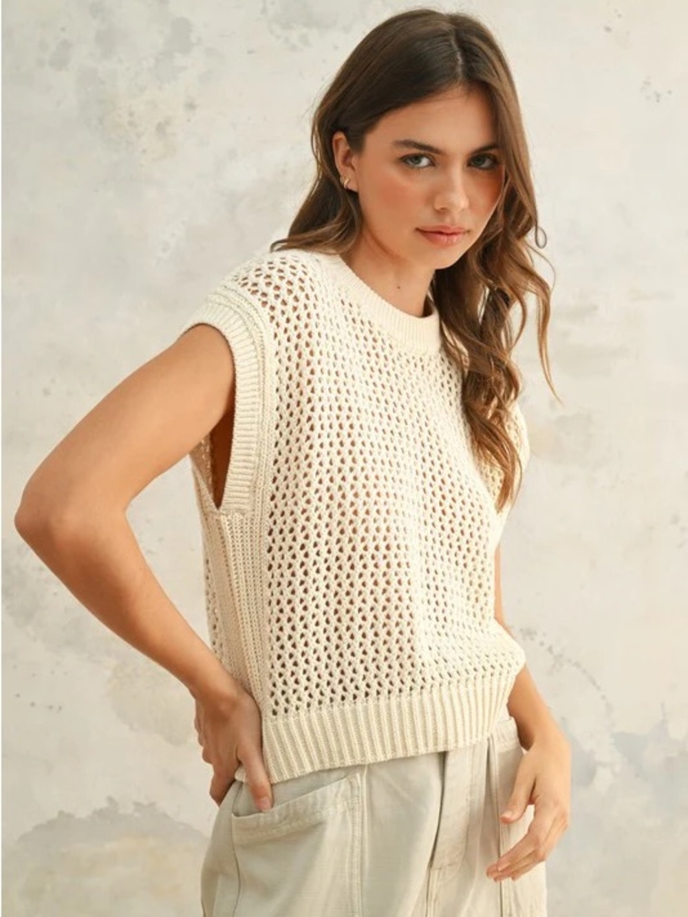 CeCe Cream Open-Knit Sleeveless Sweater Vest